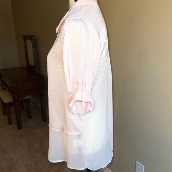 Reitmans pink partial sheer 3/4 length sleeved collared button feminine flowy - Picture 7 of 12